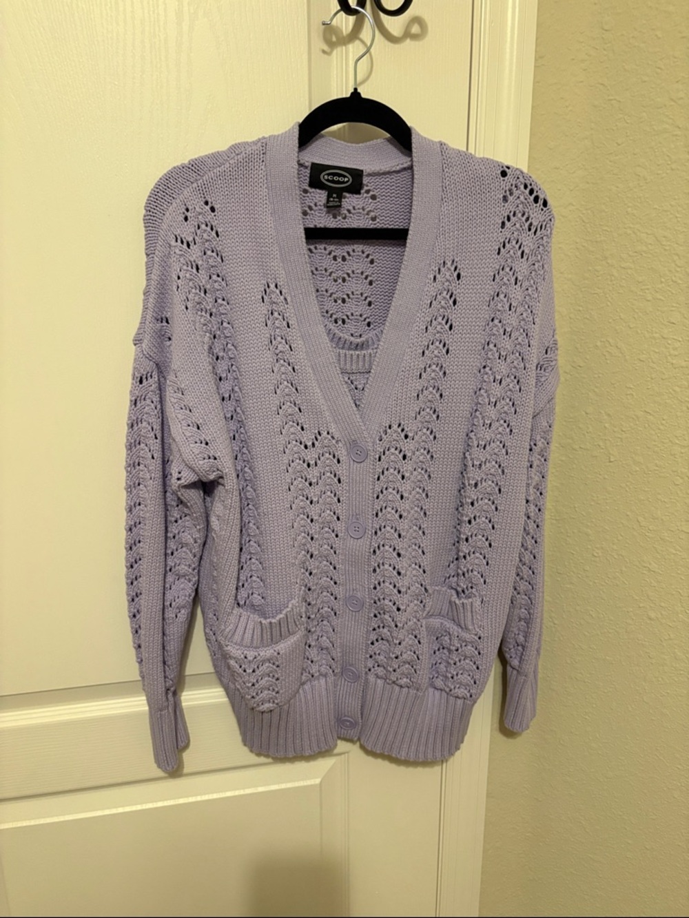 Lavender Open-Knit V-Neck Button Cardigan with knit tank. MIXED SIZES